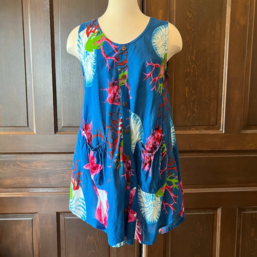 Wayan Sleeveless Mini Dress Swim Cover Blue Coral Shell Print ONE SIZE Rayon